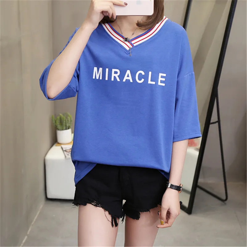 

2019 Summer New Women's T-Shirt Korean Fashion Stripe Contrast Letter Print Casual Female Tshirt V-Neck Half Sleeve