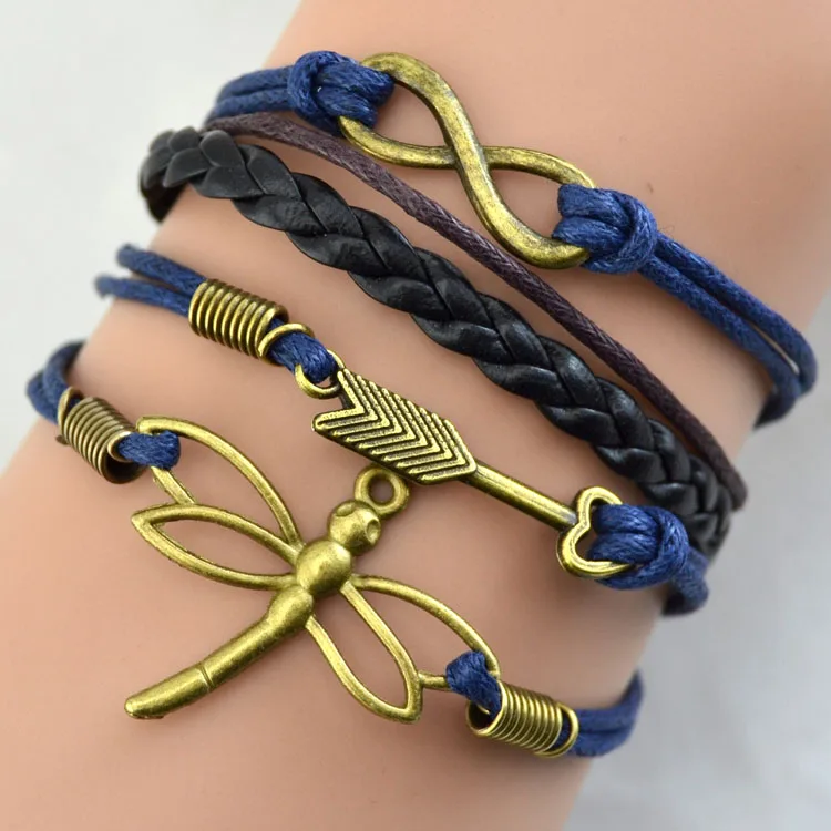 

Vintage Infinity Heart Arrow Dragonfly Charms Rope Leather Cuff Bracelet Handmade Bangle Wrap Adjustable Multilayer Wristbands