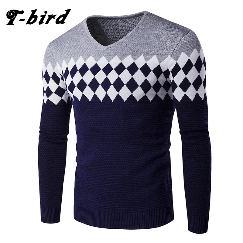 T bird 2017 Brand Sweaters Men Stylish Lattice Knitted Male Long Sleeve