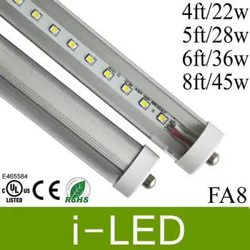 

4ft 22w 5ft 28w 6ft 36w 8ft 45w Single pin T8 LED Tube Light FA8 LED fluorescent bulbs SMD2835 AC85V-265V CE cUL UL 25pcs/lot