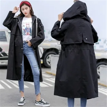 

2019 Autumn New Thin Trench Coat Solid Color Zipper Hooded Plus Size 3XL Casual Fashion Women's Long Windbreaker Female Outwear