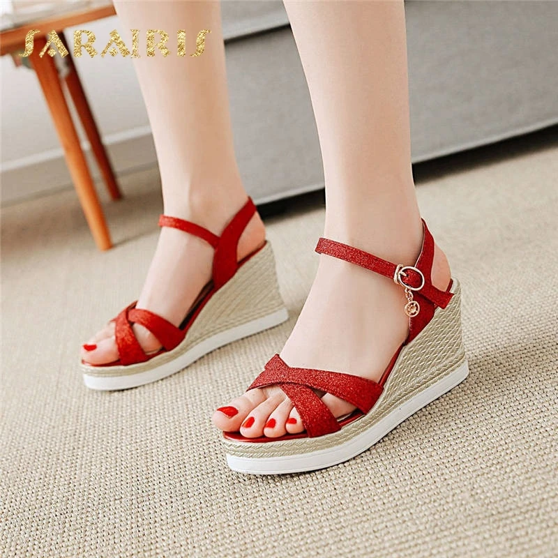 

SaraIris Popular High Heel Wedges Open Toe Ankle Strap Buckle Up Summer Shoes Woman Sandals Black Red Gold Silver