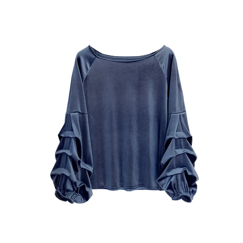 Gowyimmes Осенняя Женская бархатная рубашка золотистого цвета футболки с вырезом лодочкой женские рубашки с буфами на рукавах базовые Топы пуловеры джемпер PD188