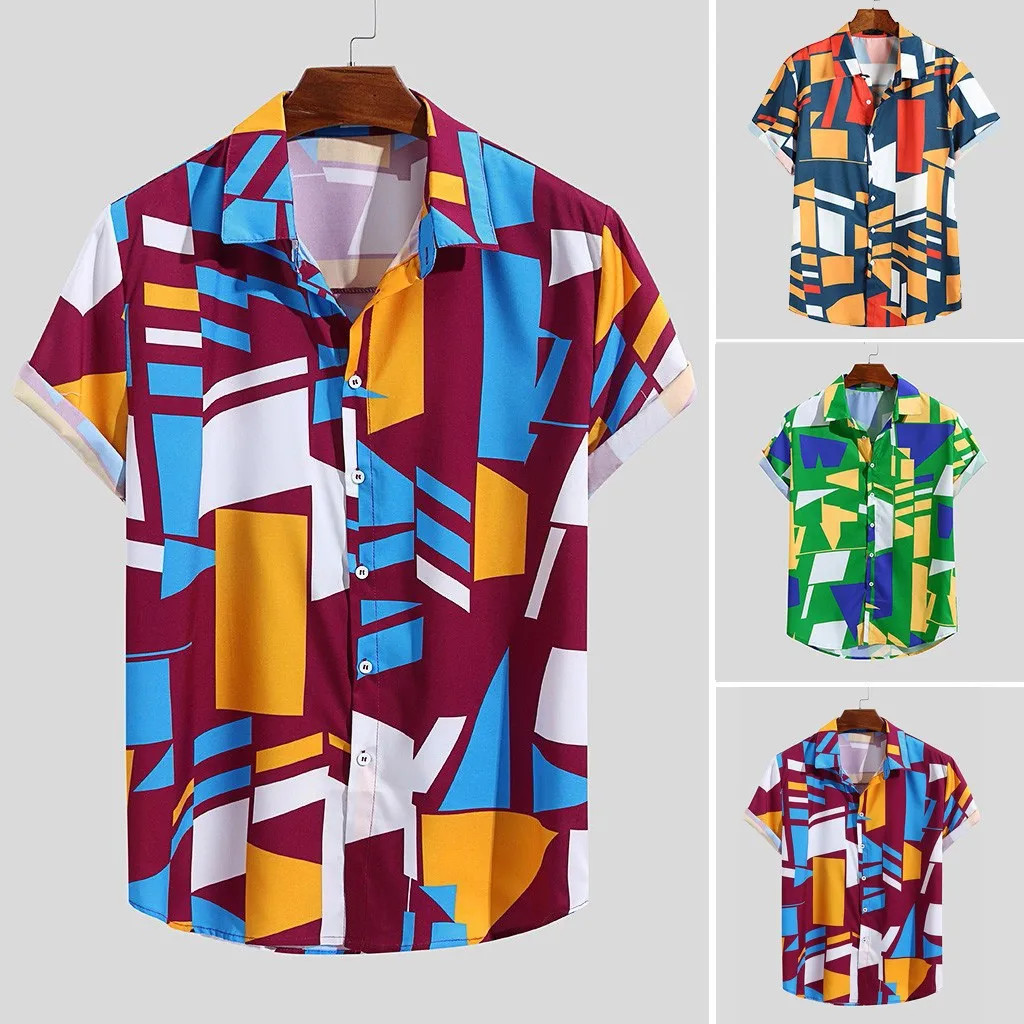 Новое поступление, модные летние мужские повседневные разноцветные свободные рубашки с коротким рукавом и карманом на груди с круглым подолом, блузки размера плюс M-4XL