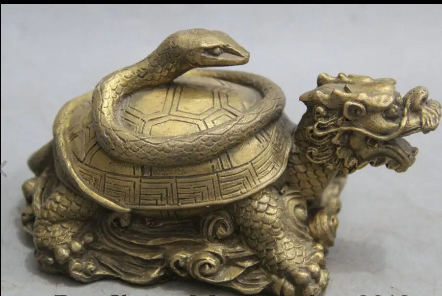 

67110337+++6" China Brass Dragon Turtle Tortoise Snake God Beast longevity Statue Sculpture