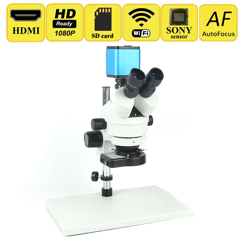 

7X - 45X Simul Focal Trinocular Stereo Microscope + AutoFocus 1080p HD HDMI WIFI Industry SONY IMX185 Video Microscope Camera