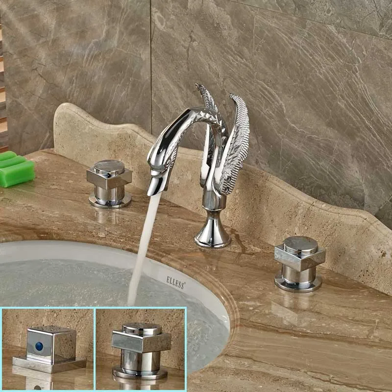 Modern Square Brass Handles Bathroom Faucet Dual Knobe Chrome Bathroom Swan Mixer Taps