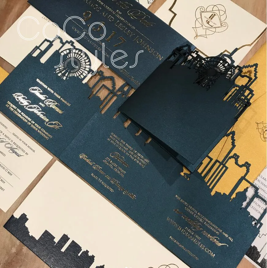  Cocostyles custom exquisite nary blue sky line design invitation card with gold foil print for dest - 32890488131