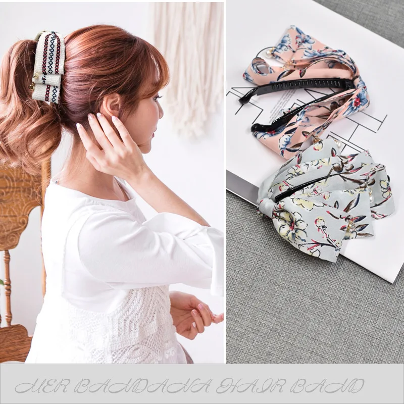 

2pcs/set Korean version hairpin banana clip chiffon fabric bow adult head with ponytail hairpin simple headdress Women scrunchie