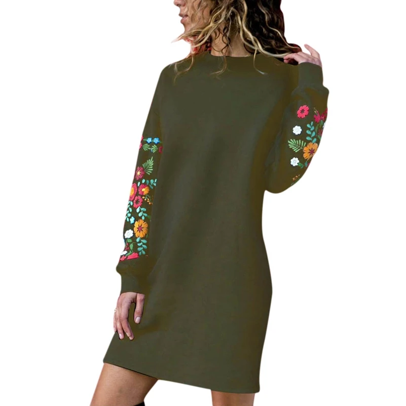Новое модное женское элегантное платье с цветочным принтом, о-образным вырезом, длинным рукавом, однотонное мини-платье, свободное Повседневное платье - Цвет: Army Green