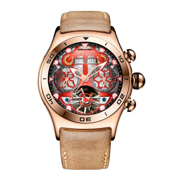 Риф Тигр многофункциональные часы кожаный спортивный хронограф Топ люксовый бренд механические водонепроницаемые автоматические часы мужские часы - Цвет: RGA703-PRS