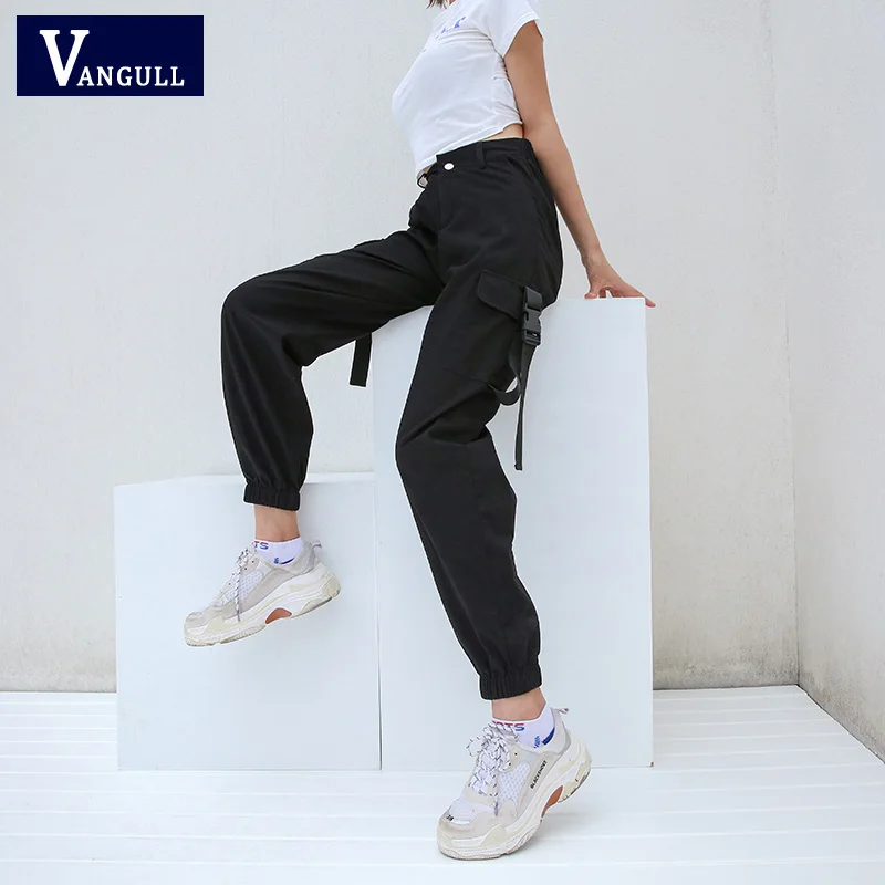 capri leggings Vangull Cotton Black Streetwear Cargo Pants Women Casual Joggers High Waist Pants Loose Female Trousers Classic Buckle Pants black cargo pants