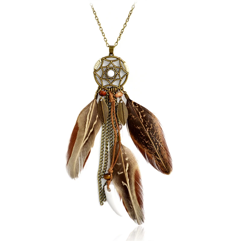 

Fringed Statement Brown Long Pentagram Feather necklace Hippie Feather catcher Jewelry Style Multicolored Hot Fashion for women