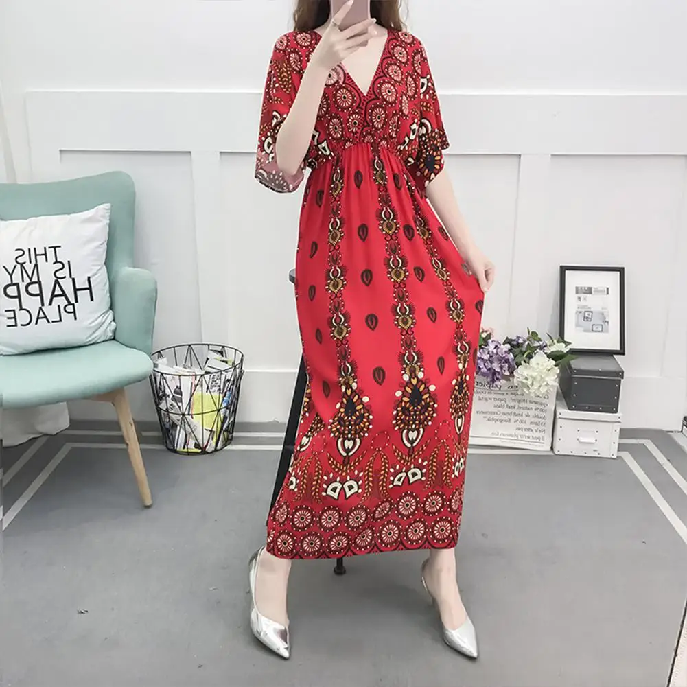 Женское платье с принтом Yfashion длинное пляжное коротким рукавом и треугольным