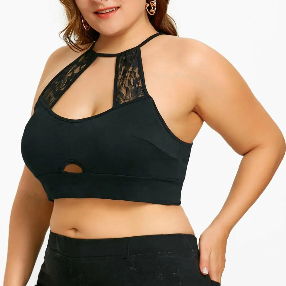 

Fashion Women Plus Size Cut Out Camisole Solid Halter Lace Stitching Short Vest Sexy Cropped Tank Tops For Ladies Summer Hot