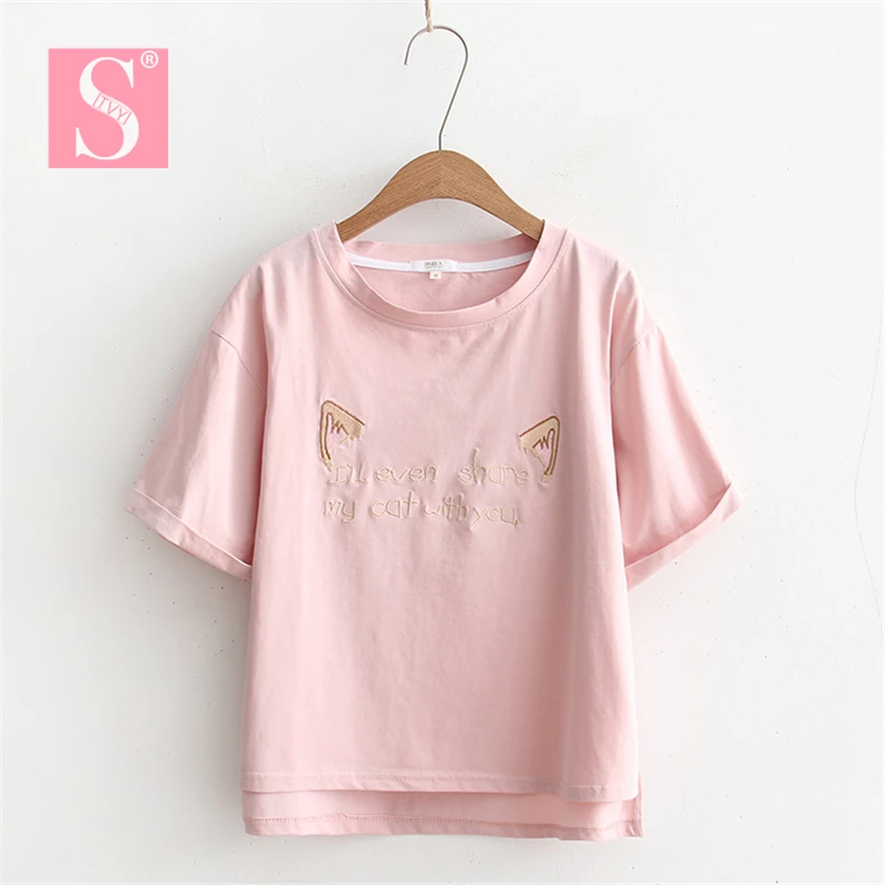 

STVY Harajuku T-shirts For Women Cotton Short Sleeve T-shirt Kawaii Cat Ears Embroidery Tops 2018 Summer Tees Top 6 Colors
