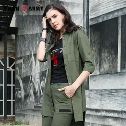 Бесплатная армия 2019 весна лето блузка женская мода армейский зеленый повседневные длинные рубашки одежда женская дышащая хлопковая