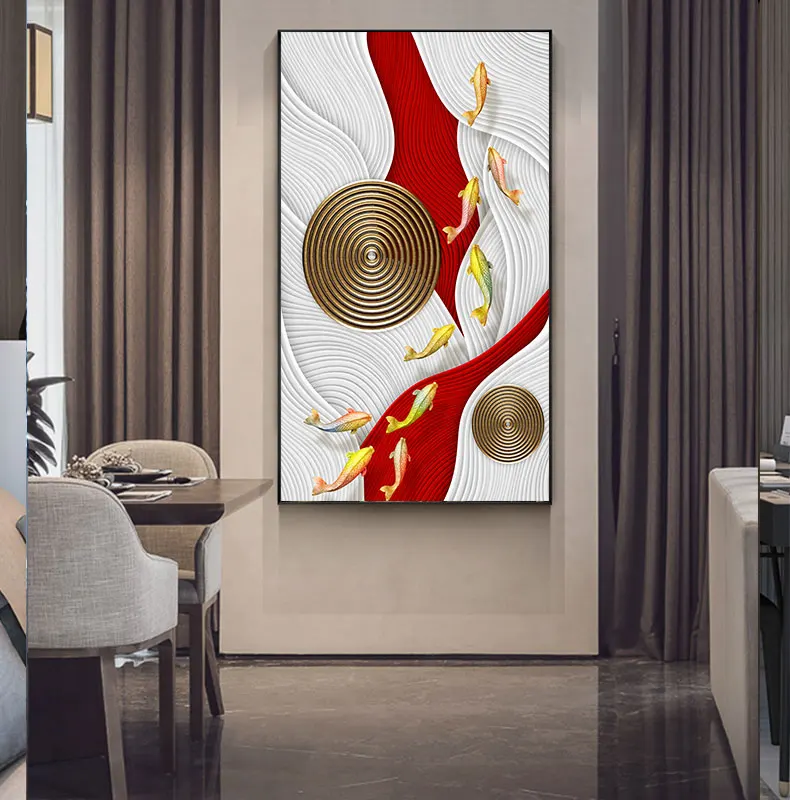 Абстрактная картина с золотой рыбкой, синий и красный цвета, печать на холсте, плакаты из фольги, роскошная настенная живопись для гостиной