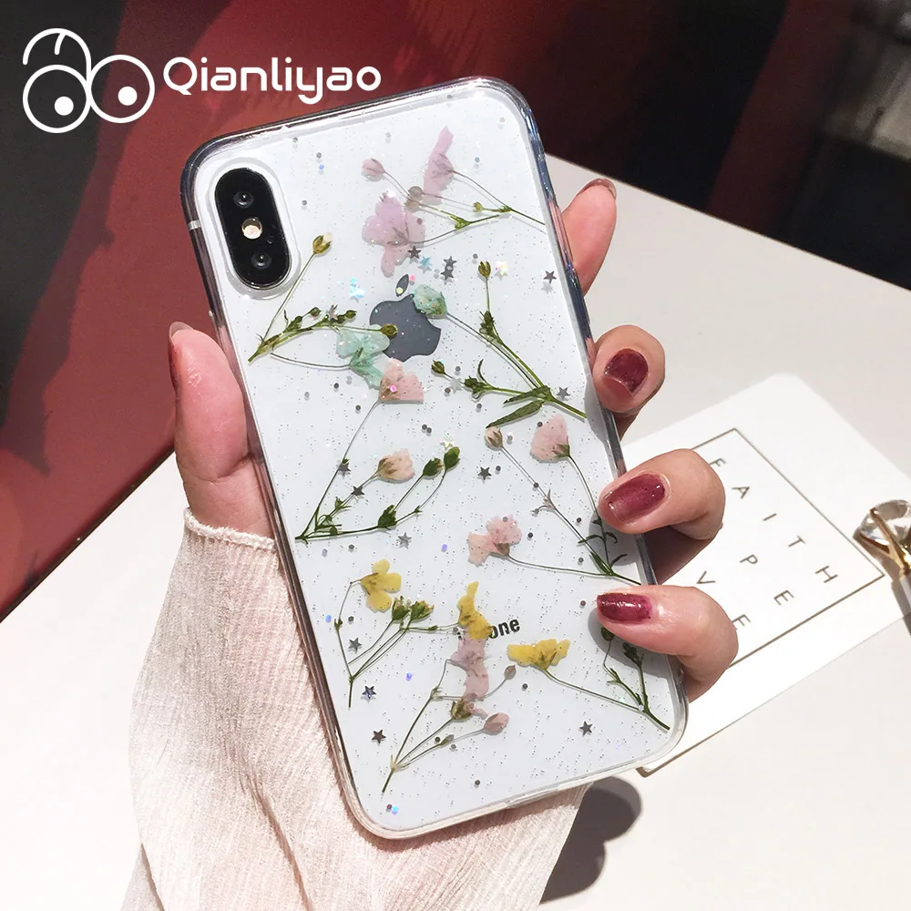 

Qianliyao Real Dried Flower Cases For iPhone X XS Max XR 6 6S 7 8 Plus Case Handmade Clear Soft Fresh Flower Phone Back Cover