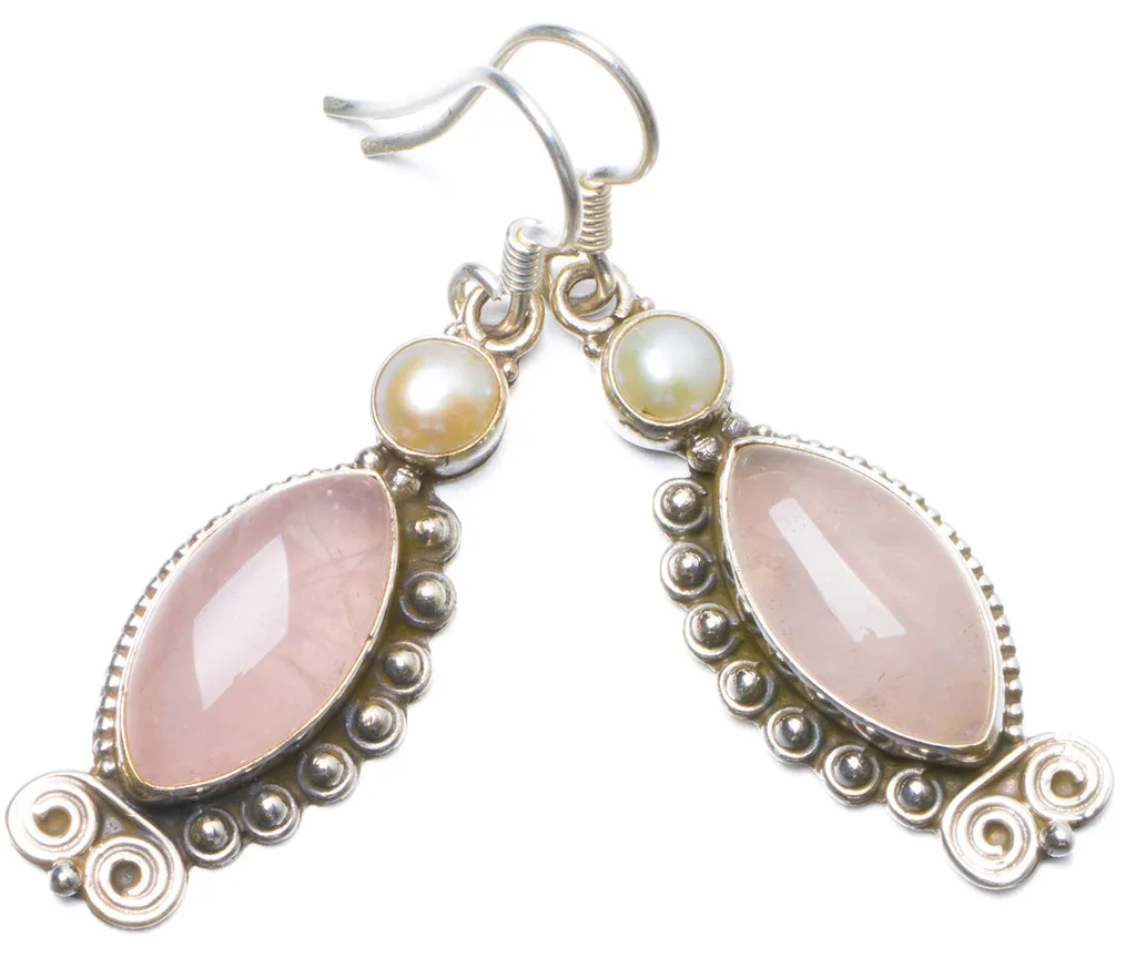 

Natural Rose Quartz and River Pearl Handmade Unique 925 Sterling Silver Earrings 1.5" Y0489