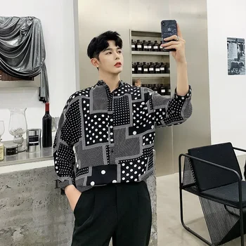 

2019 Spring Summer Korean Men Casual Loose Geometry Wave Point Printing Stand Collar Seven Part Sleeve Brand Shirt Homme M-XL