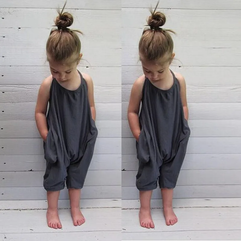 

Summer 100% Cotton Overalls 2018 Baby Girls One-piece Jumpsuit Calf-Length Pants Children Kids Solid Soft Drawstring Overall