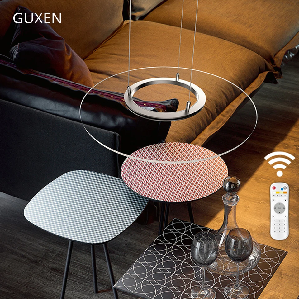 

Circular acrylic chandelier Adjust brightness and color temperature chandeliers with remote for dining room GUXEN