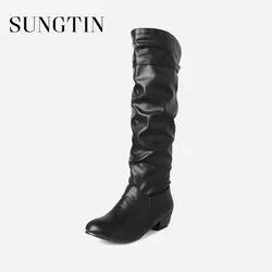 Sungtin/Новинка 2019 года, женские сапоги до колена из искусственной кожи для верховой езды, женские повседневные сапоги на плоской подошве