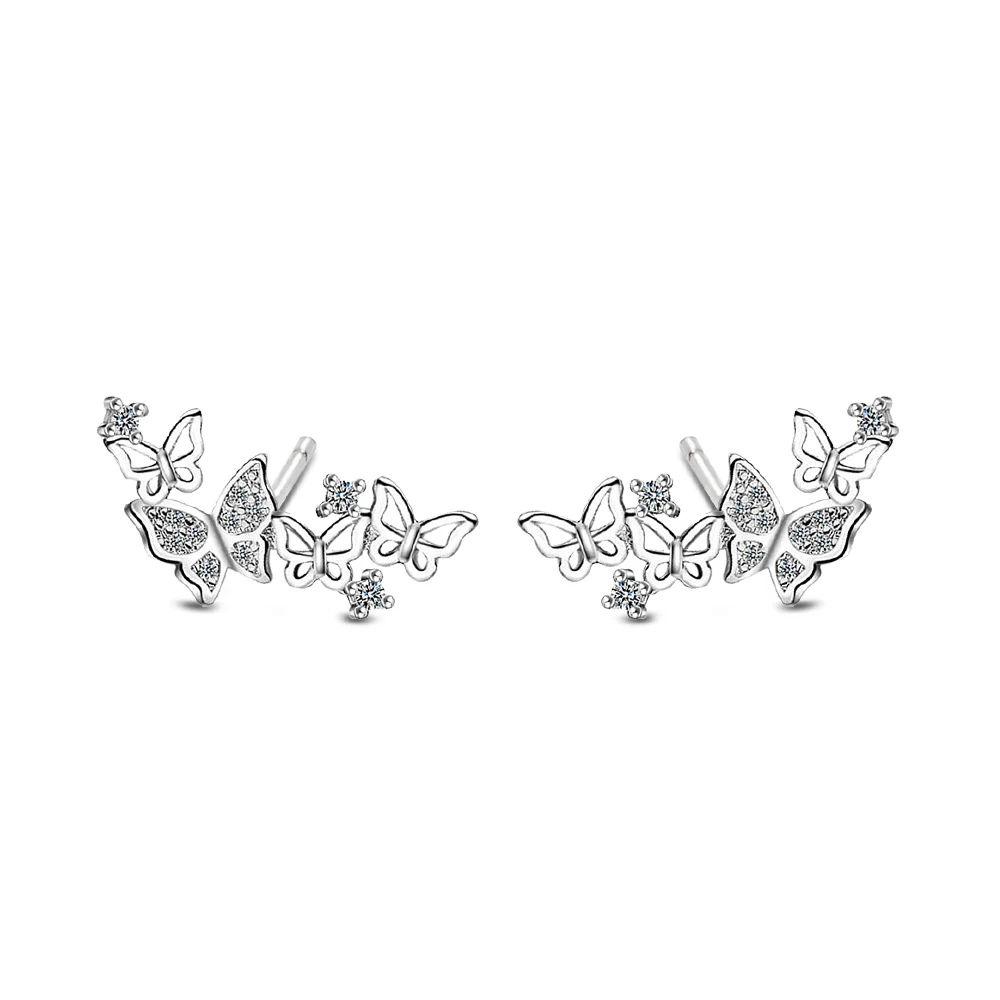 

1 pair Korean fashion bow earrings Women Lady Elegant long Silver Zircon Butterfly Ear Stud Earrings hypoallergenic ear jewelry