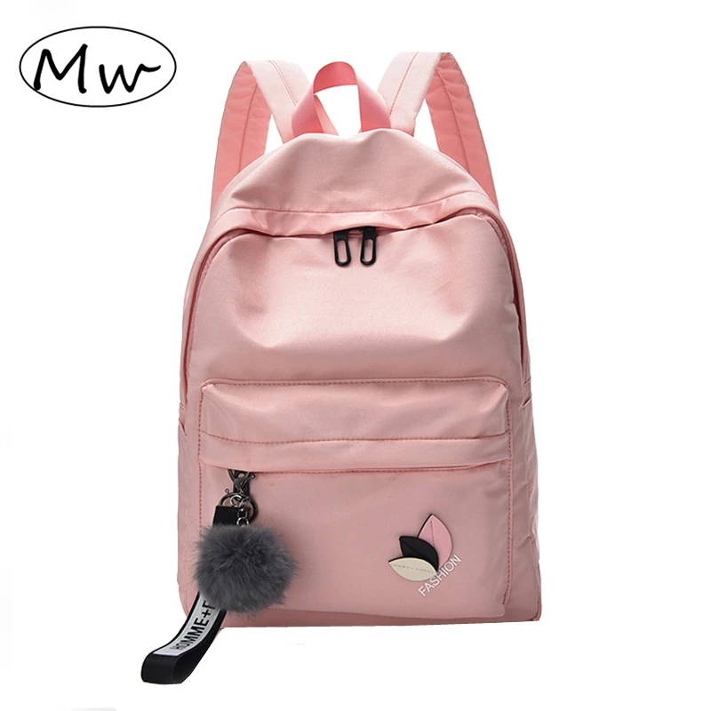

2019Moon Wood Women Waterproof Nylon Backpack School Bags For Teenager Girls Female Casual Travel Bag Rucksack Hairball Pendant
