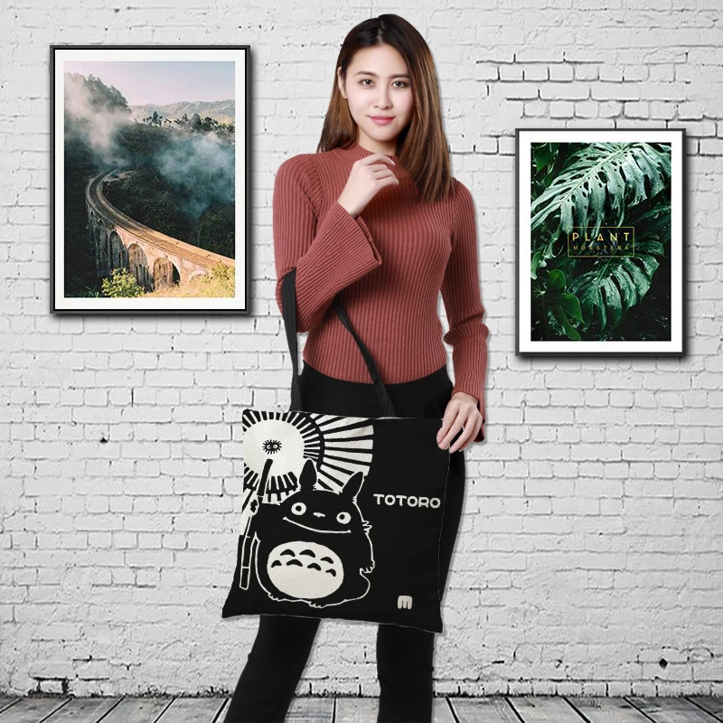 

CROWDALE Customized Double-sided printing linen bag totoro series Print Women Large Shopping Bag Ladies shoulder bag 43cm*43cm