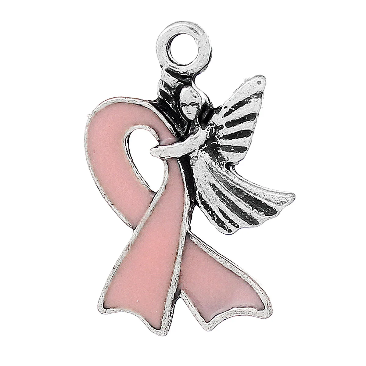 

DoreenBeads Zinc metal alloy Charm Pendants Fairy Antique Silver Pink Ribbon Pattern Enamel 22mm(7/8")x 15mm(5/8"),1 Piece