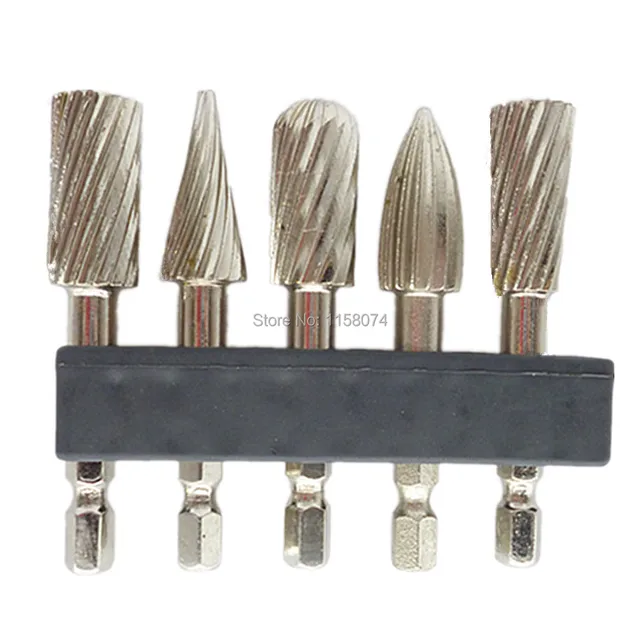 5pcs Woodworking Rotary Burr Set Wood Carving File Rasp Drill Bit 1/4