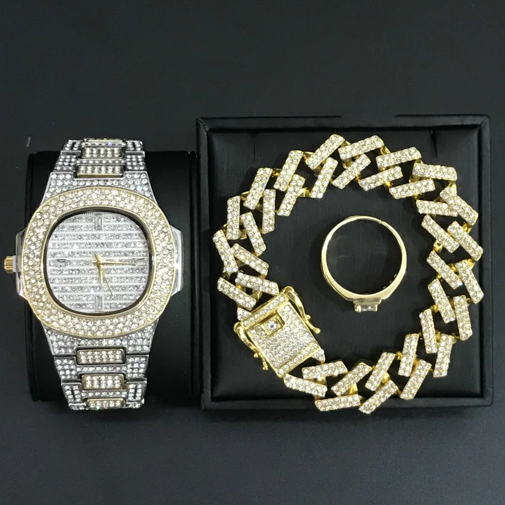 

Hip Hop Men Watch Bracelets Iced Out Crystal Miami Cuban Chain Gold Silver Men Watch +Bracelet +rings Set Rock Adjustable Rings