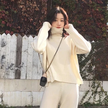 

2019 Autumn Spring 2 Piece Set Knit Pant Female Pants Suit Knitted Tracksuit Turtleneck Sweatshirts Women Suit Clothing