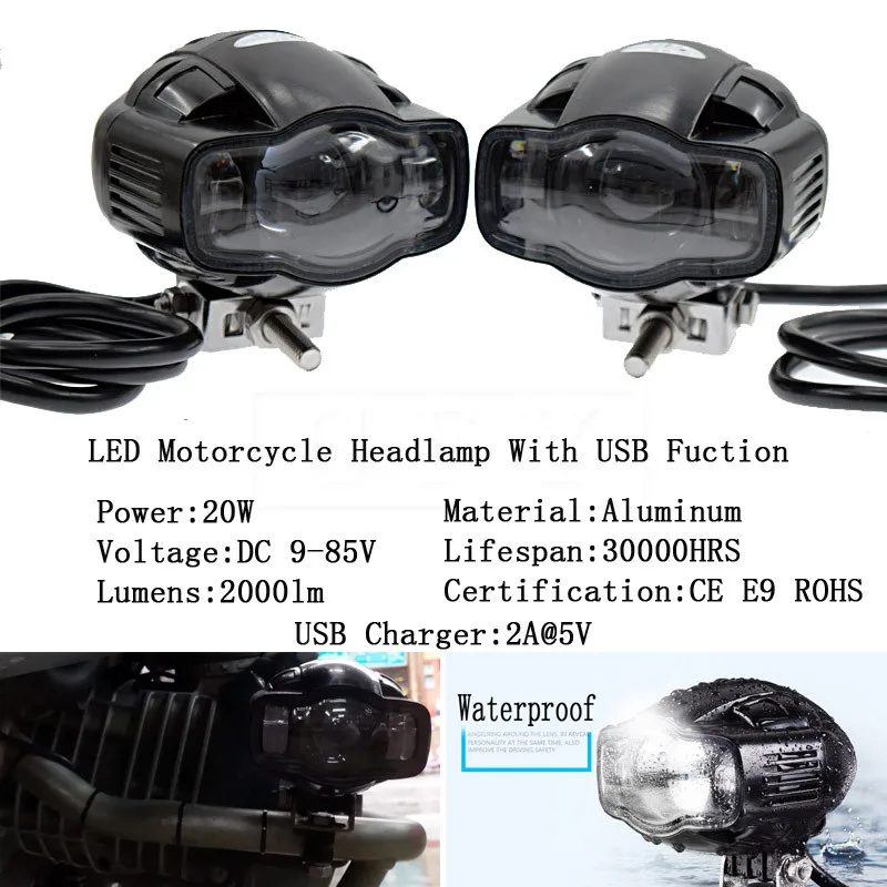 

22-40mm CE Universal Motorcycle ATV Car headlight lamp LED Super Bright Fog light USB Charger For BMW Ducati Suzuki Honda Harley