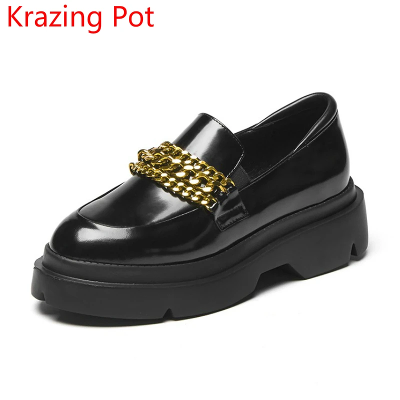 Fashion Brand Spring Shoes Classic Cow Leather Round Toe Slip on Metal ...