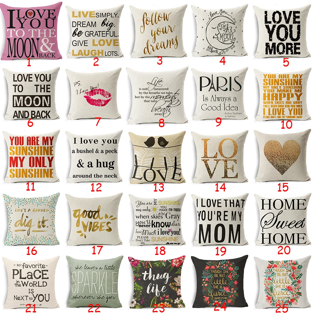 

Letter Style Cushion Cover 100% Flax Greetings Express Love Interesting Glorification Pillows Cover Fundas Para Cojines