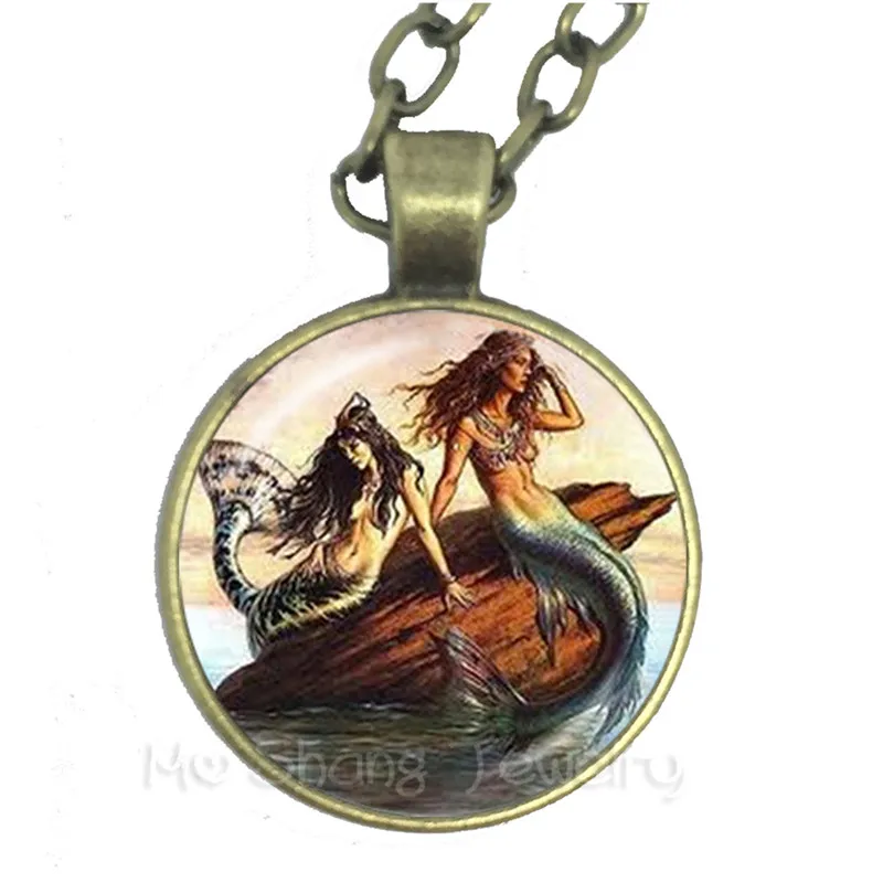 Cabochon Di Vetro Rotondo 25Mm Collana Di Sirenetta Fantasy Sea Fairytales Mitologia Glass Art Picture Drop Necklace