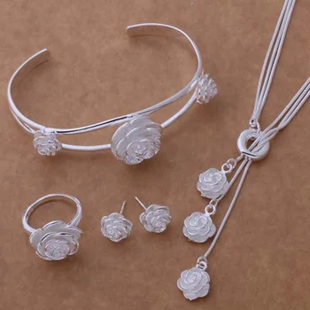 

Silver 925 Jewelry Set for Women Fashion Flower Necklace Bracelet Bangles Earring Ring 4 Pcs Bridal Costume Jewelry Sets Gifts
