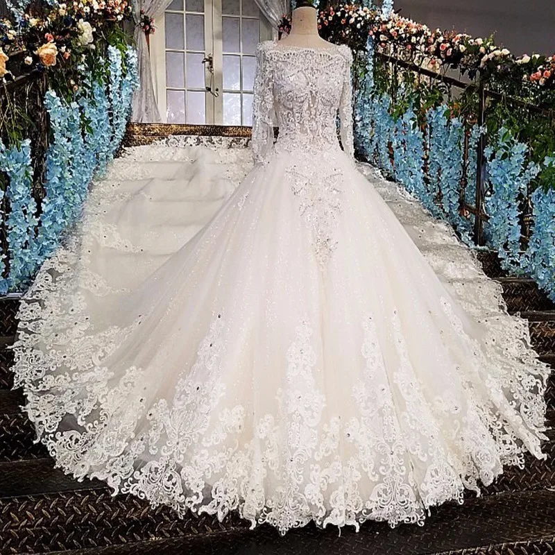 

Vestido de noiva casamento backless appliques 3/4 sleeves lace ball gown beading lace Luxury wedding dresses real photos 2018
