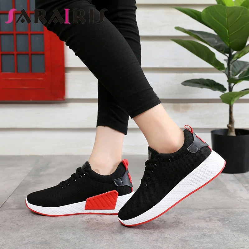 

SARAIRIS 2019 New Sneakers Lace Up Solid Round Toe Students Shoes Woman Casual women's Autumn Winter Flats Black Big Size 35-40