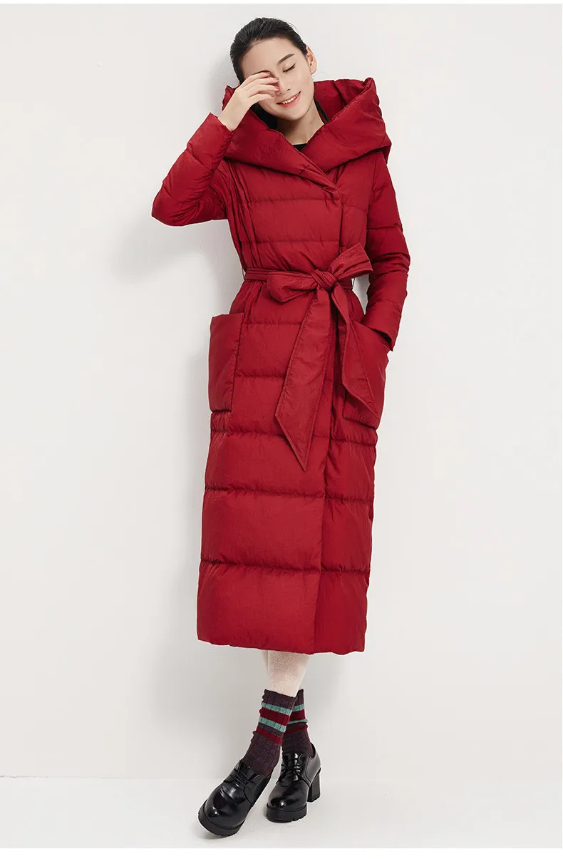 Большой капюшон, пуховик, пальто, длинное женское пуховое пальто, теплое зимнее пуховое пальто с поясом на талии