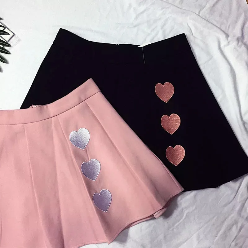 

High Waist Women A-Line Skirt Cotton Love Embroidery Sweet Women Pleated Skirt Harajuku Fashion Safety Short Pants Mini Skirts