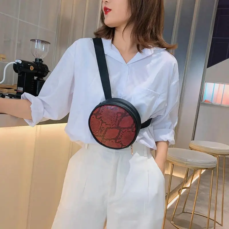 

Snake Print Shoulder Women Waist Fanny Packs PU Leather Round Chest Bags