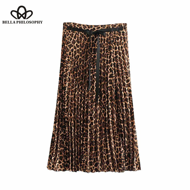 Wonder 2018 new Vintage Chic Leopard Pattern Pleated Midi Skirt Drawstring Side Slit Animal Print Skirts Casual Faldas Mujer