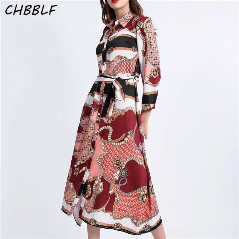 

CHBBLF women vintage pleated dress long sleeve bow tie sashes female spring dresses vestidos mujer POP1838