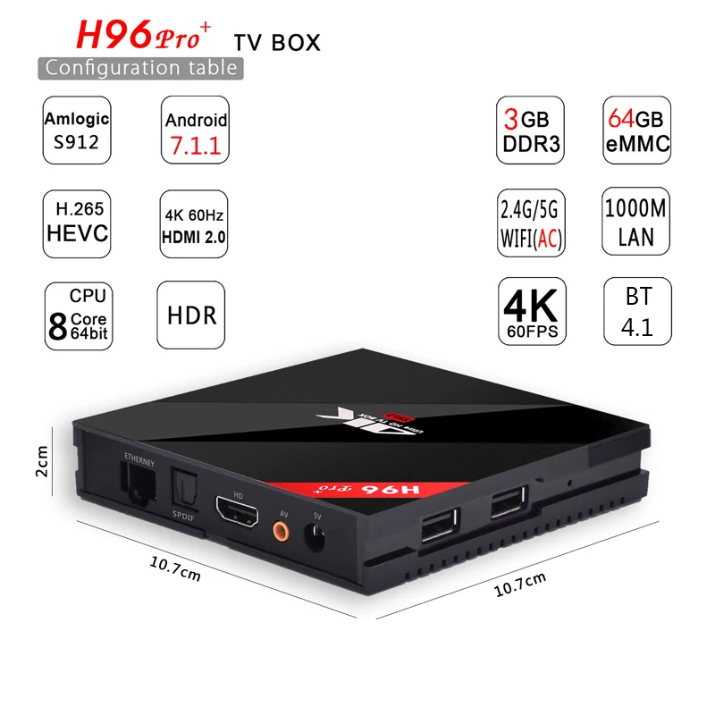 H96 PRO Plus Smart Android 7 1 ТВ приставка Amlogic S912 Восьмиядерный 3g 32g 2 4 ghz/5 8 ghz Wifi k Bluetooth4.1 +