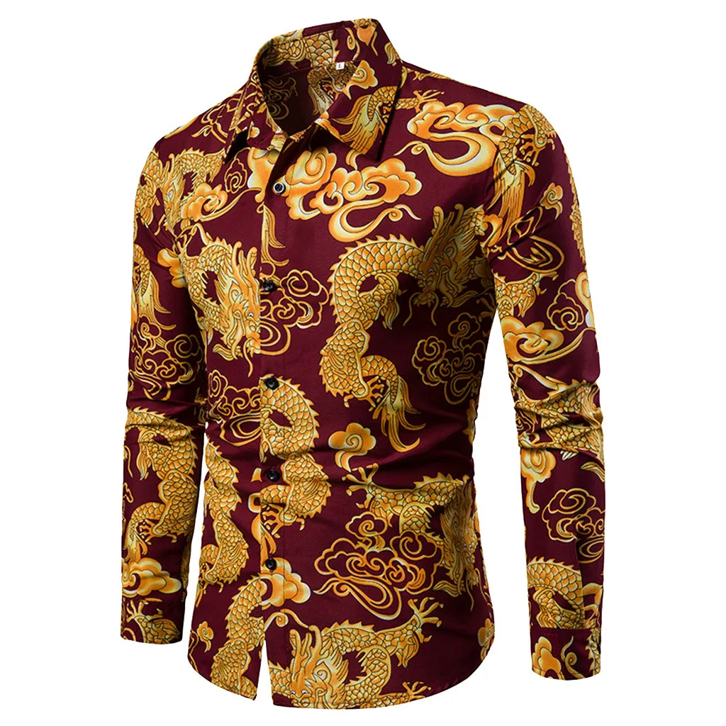 2019 Men Shirt Golden Chinese Dragon Printing Long Sleeved Stand Collar ...