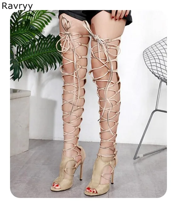 

Ins Hot Fashion Cut Outs Lace Up Woman's long sandal boots suede leather summer women shoe thin heel peep toe female party shoes